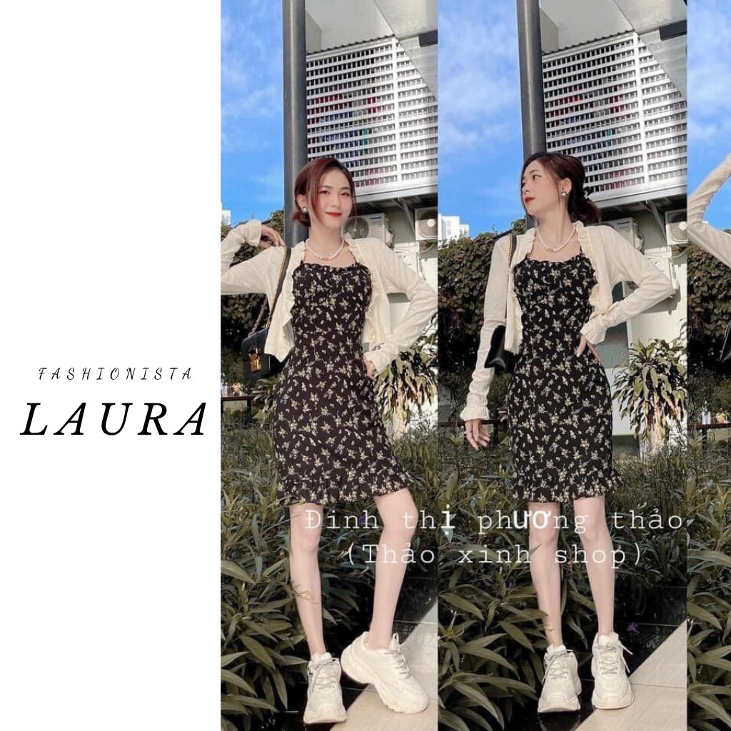 Váy hai dây hoa hồng vàng kèm áo cardigan trằng Laura Boutique - Set váy kèm áo cardiagan bánh bèo tiều the CÓ ẢNH THẬT