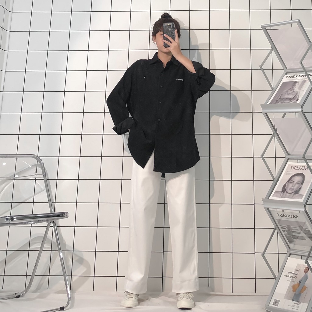 Áo Sơ Mi Nữ Dài Tay Form Rộng Thêu Chữ OCTOBER Vải lụa Phong Cách Ulzzang -ZoZo_unisex