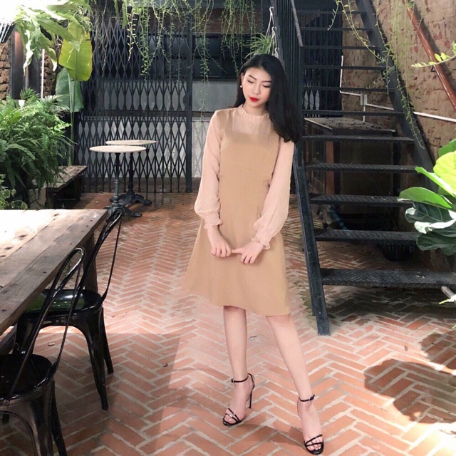 KÈM ẢNH THẬT Đầm Cổ Xếp Li Phối Voan KEM/ĐEN