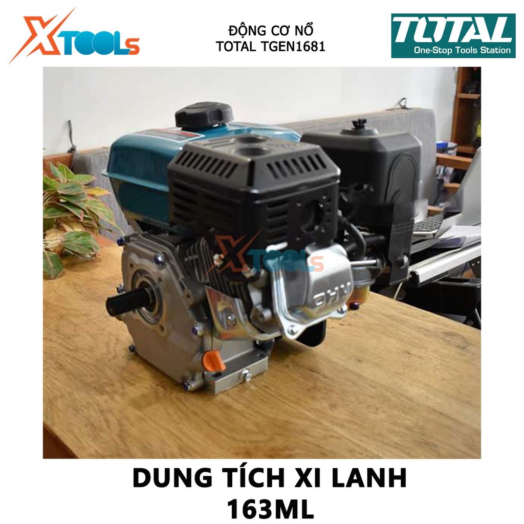 Động cơ nổ TOTAL TGEN1681 đầu nổ dùng xăng Loại động cơ 4 thì, OHV, Đầu ra tối đa 5.5HP, Đường kính trục 20mm, Dung tích