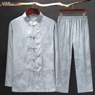✲♗◕Phù hợp với nam giới trung và già Bộ quần áo dài tay bố phong cách Quốc đàn ông cổ Hán đồ nội