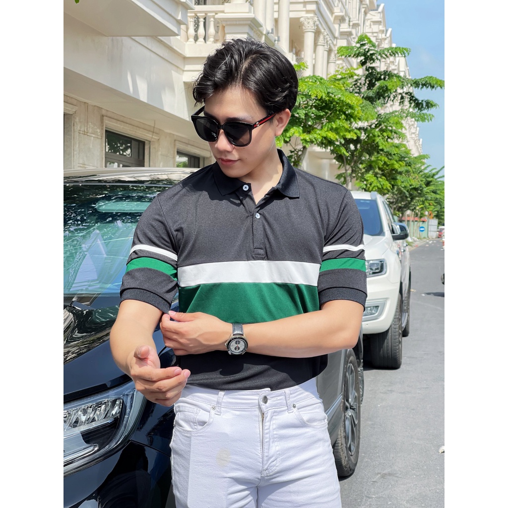 Áo polo nam cổ bẻ phối sọc ngang xanh lá chất vải cá sấu Cotton xuất xịn,chuẩn form, sang trọng - thanh lịch TB051