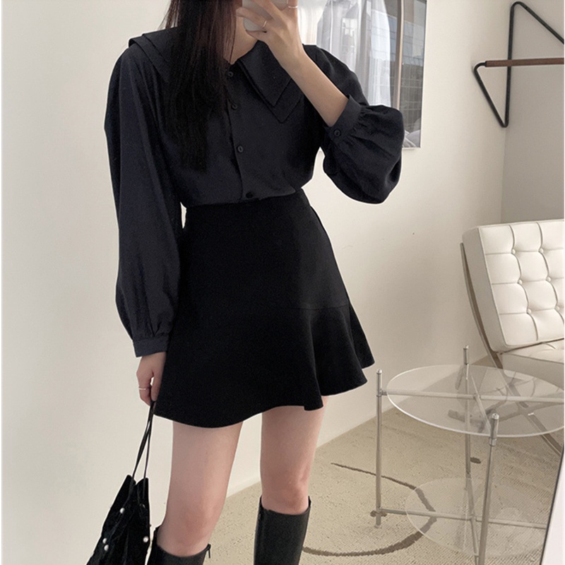 Áo sơ mi tay dài cổ bẻ phối bèo/ chân váy chữ A lưng cao phong cách mới 46910