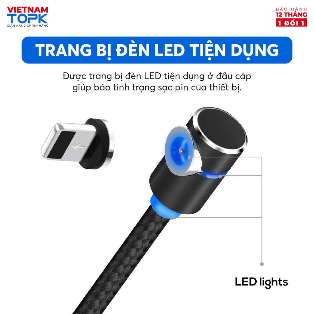 Dây sạc nam châm đầu nối vuông góc TOPK AM30 Đèn LED Hàng chính hãng Bảo hành 12 tháng
