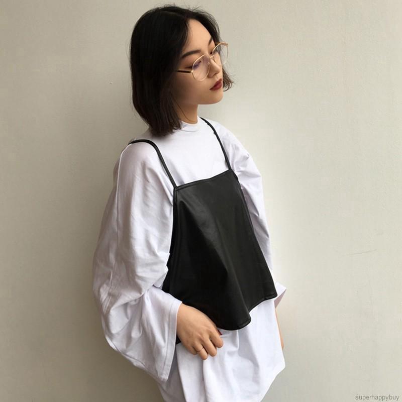 Set 2 món gồm áo kiểu tay ống rộng màu trắng + áo 2 dây màu đen bằng da pu cho nữ