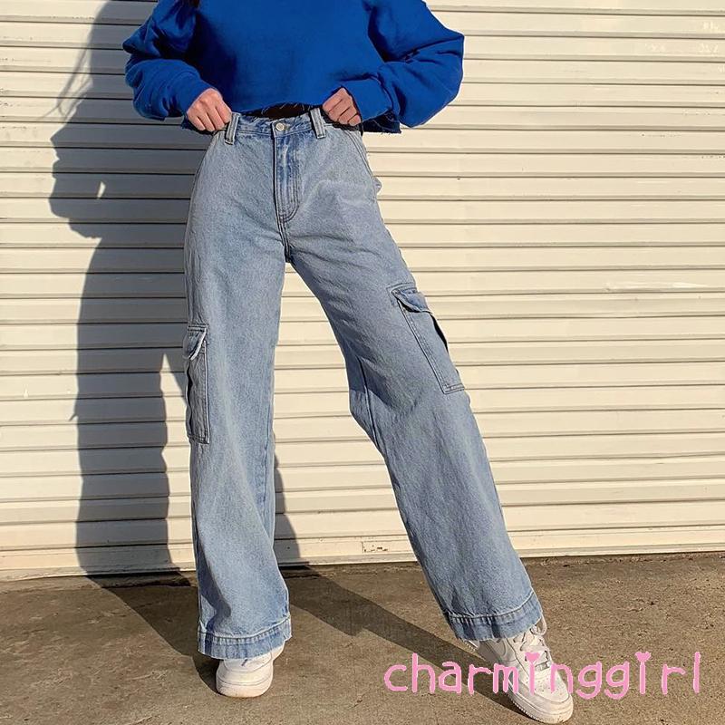 Quần jean ống rộng túi may lưng cao