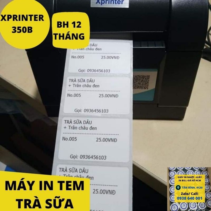 Máy in mã vạch, tem nhiệt trà chanh trà sữa khổ 1 tem giá rẻ Xprinter XP-350B