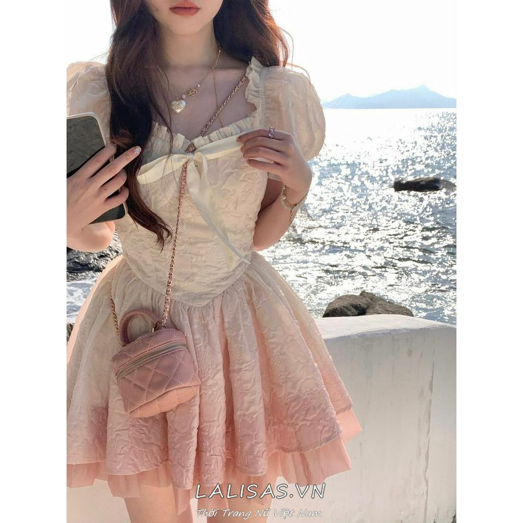Lalisas Đầm Công Chúa Ngắn Ôm Eo Tay Phồng Cổ Vuông Thay Đổi Màu Sắc Theo Phong Cách Kỳ Nghỉ