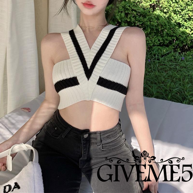 Áo Croptop Dệt Kim Sát Nách Cổ Chữ V Màu Sắc Tương Phản Thời Trang Mùa Hè Cho Nữ
