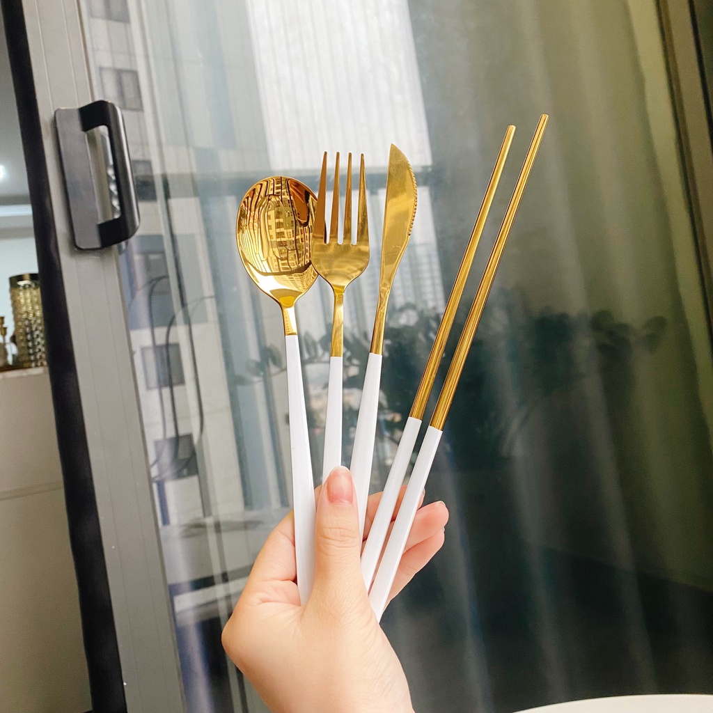Bộ thìa đũa muỗng dĩa inox 304 mạ vàng cán dài cao cấp - VS169