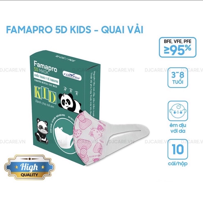 Hộp 10 cái khẩu trang trẻ em 5d Famapro/khẩu trang quai vải 5d