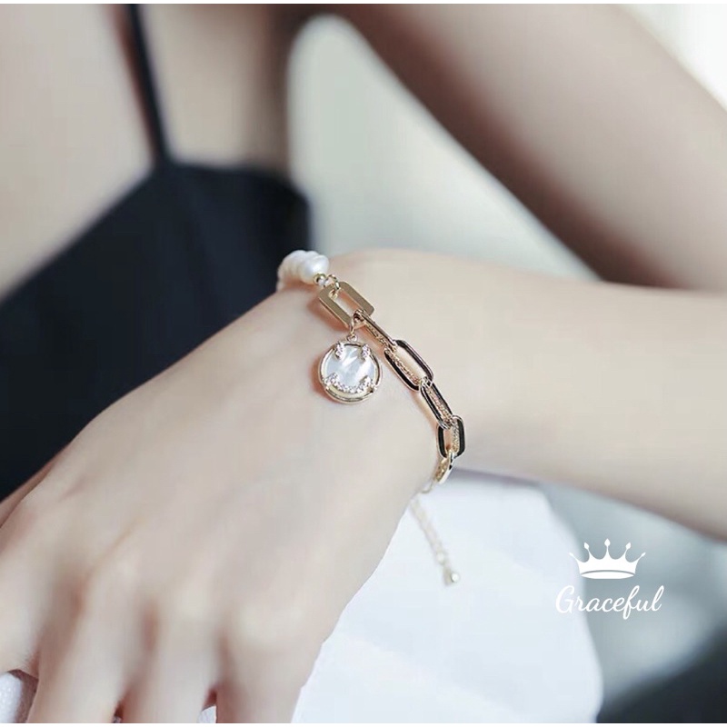 Vòng tay nữ hàn quốc Graceful ngọc trai phối dây xích mặt cười, vòng tay nữ titan, vòng tay nữ cá tính