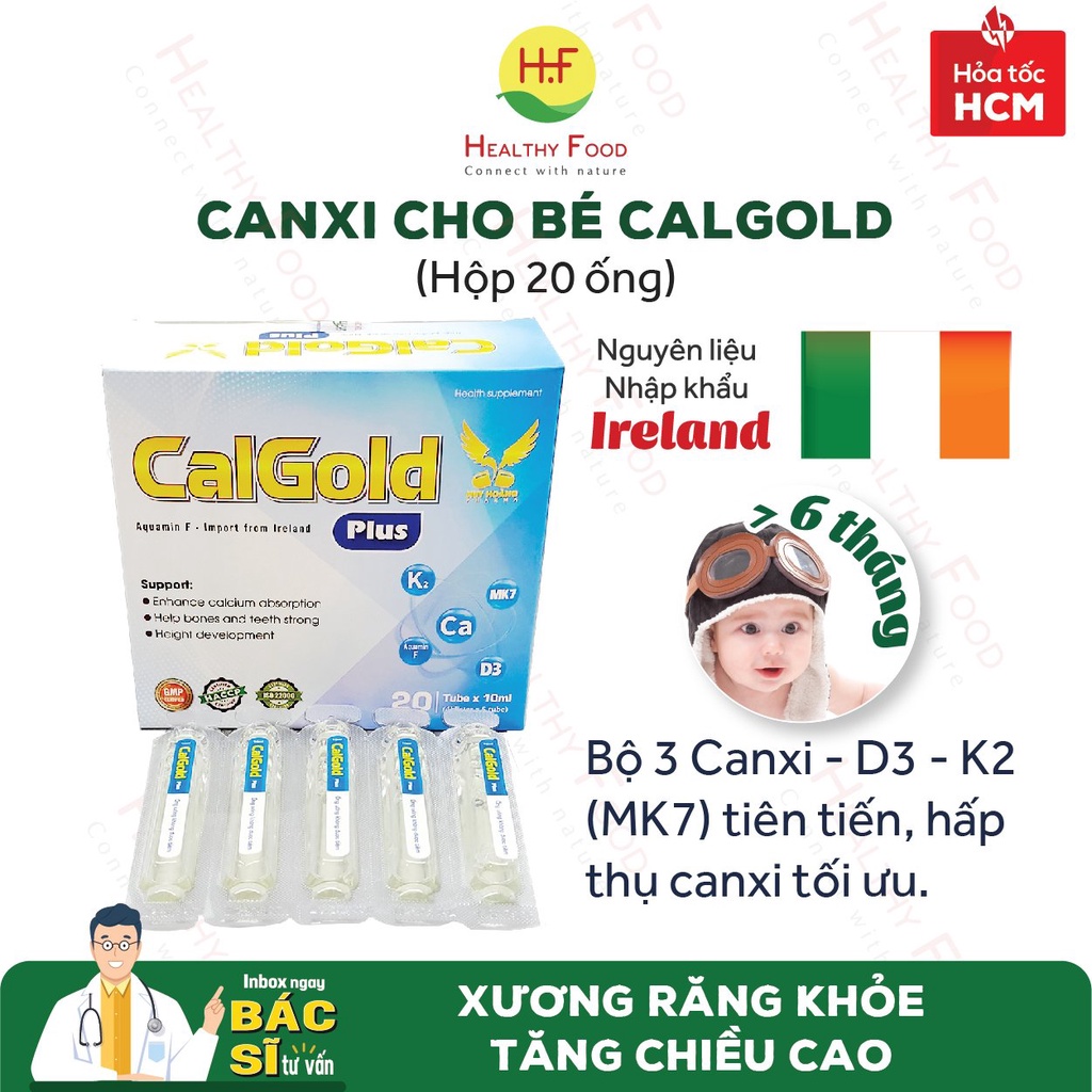 [Siro tăng chiều cao] - Canxi cho bé CalGold (Hộp 20 ống) - Bộ 3 D3K2 MK7 tiên tiến, xương chắc, răng khỏe