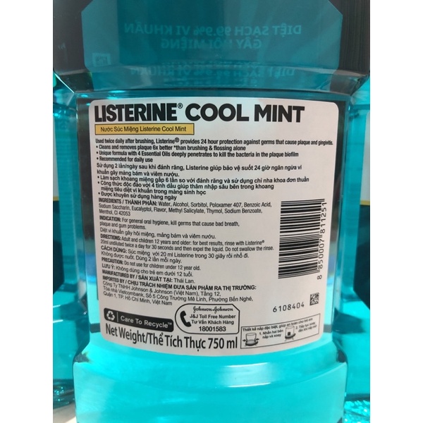 Nước Súc Miệng Hương Bạc Hà Listerine Cool Mint chai 750ml