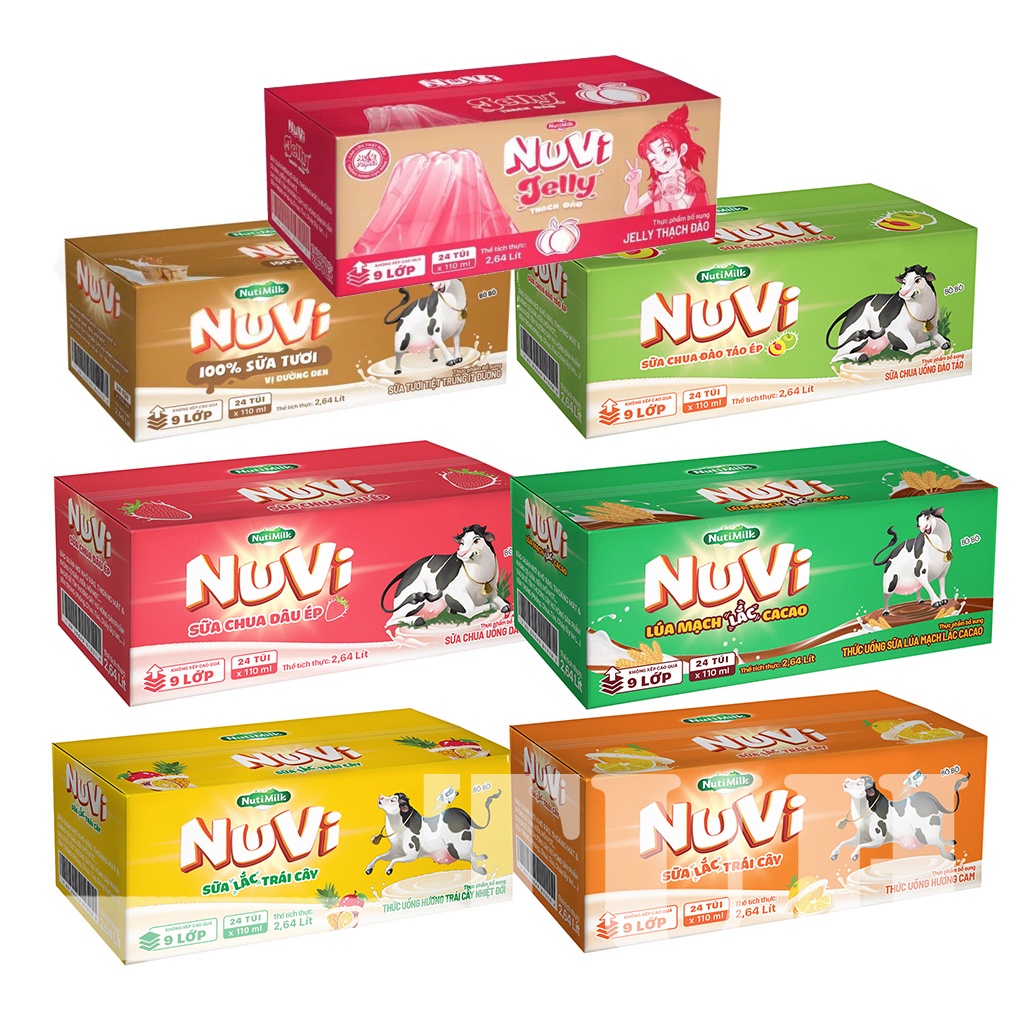 THÙNG 24 TÚI Sữa Nuvi 110ml Đào Táo/Dâu/Ca Cao/Cam/Trái Cây Giúp Bé Phát Triển Trí Não, Chiều Cao Cho Bé