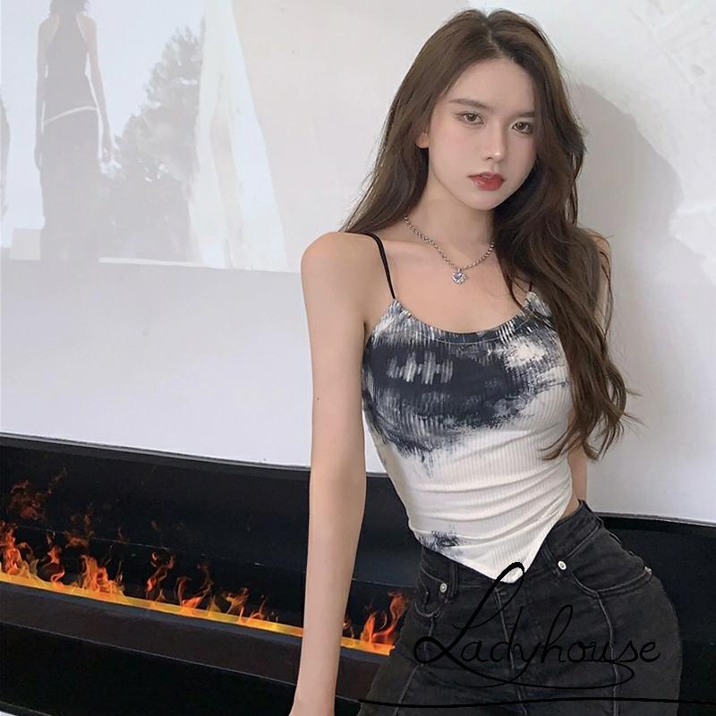 LDD-Women´s Sleeveless Tank Tops, Tie Dye Pointed Hem Backless Cross Bandage Vest, Casual Simple Street Style Tops