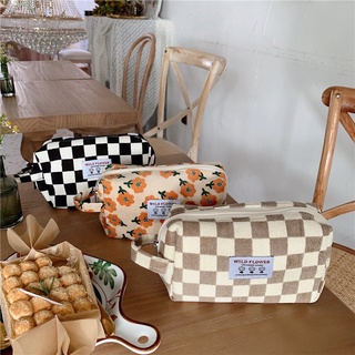 Hộp Bút Túi Đựng Đồ Makeup Vải Gân Corduroy Size Lớn Checkerboard Wild Flower