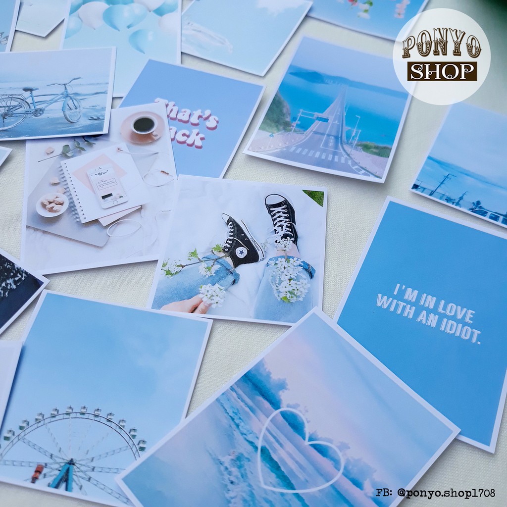 Set 21 sticker nhãn dán ảnh phong cách Instagram (Xanh da trời) trang trí Scrapbook/Planner