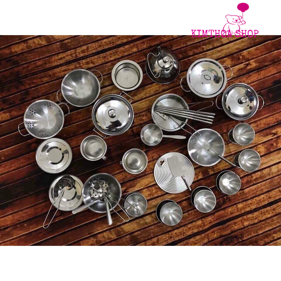 Bộ đồ chơi nấu ăn inox 40 chi tiết cho bé, bộ nồi nấu ăn mini có thể nấu trên lửa