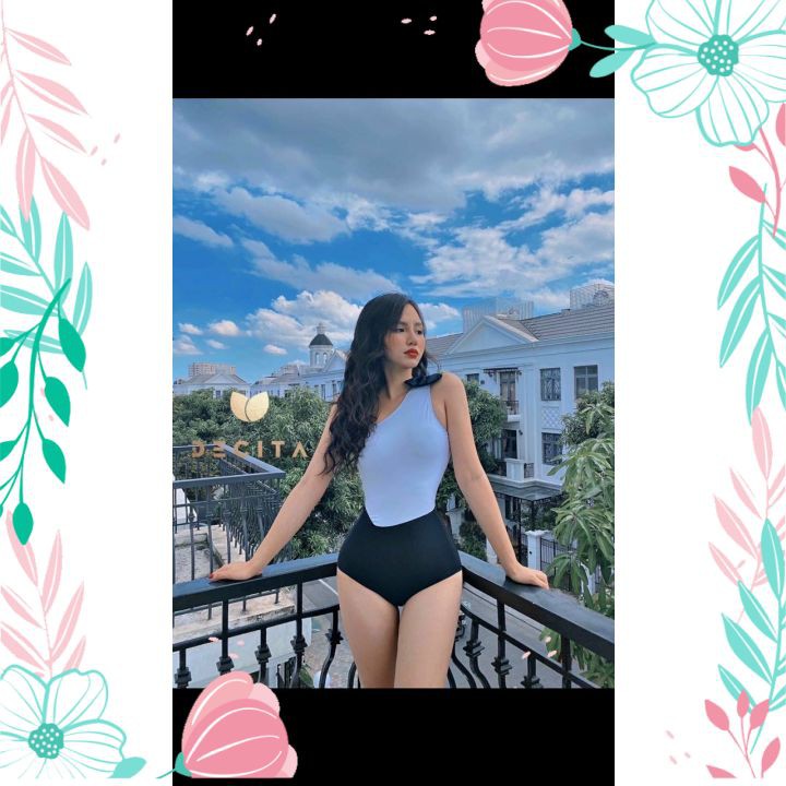 Bikini1 Mảnh Lệch Vai Phối Màu Kèm Lót Ngực Bên Trong, Đồ Tắm 1 Mảnh Gợi Cảm Cho Nàng