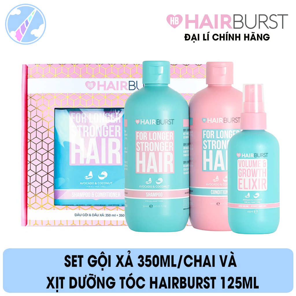 Combo Hairburst Set Gội Xả 350ml/Chai và Xịt Dưỡng Tóc Volume and Growth Elixir Tạo Độ Phồng Và Kích Thích Mọc Tóc 125ml