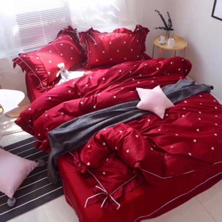 bộ vỏ chăn ga gối lụa nơ thêu trái tim đỏ 4 món