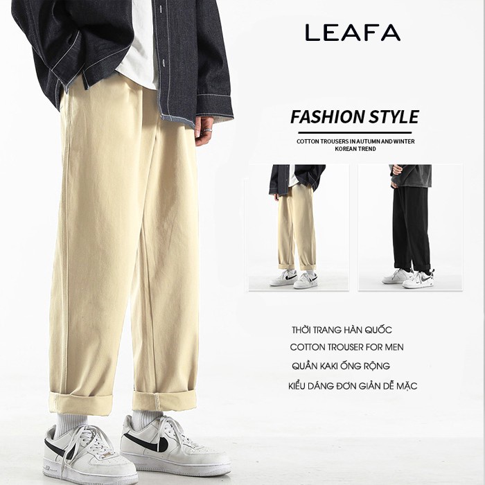 ₪Quần Kaki Ống Suông Unisex Outfit Dài Nam Nữ Trơn Basic Phong Cách Hàn Quốc Thời Trang LEAFA QKK01
