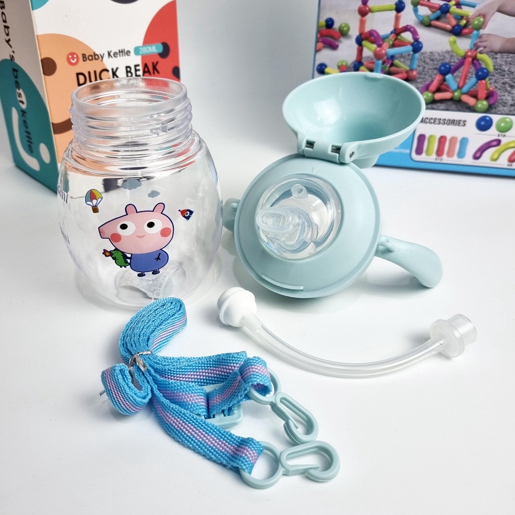 Bình Tập Hút Cho Bé Chống Sặc Hình Lợn 280ml Có Tay Cầm Chất Liệu PP An Toàn