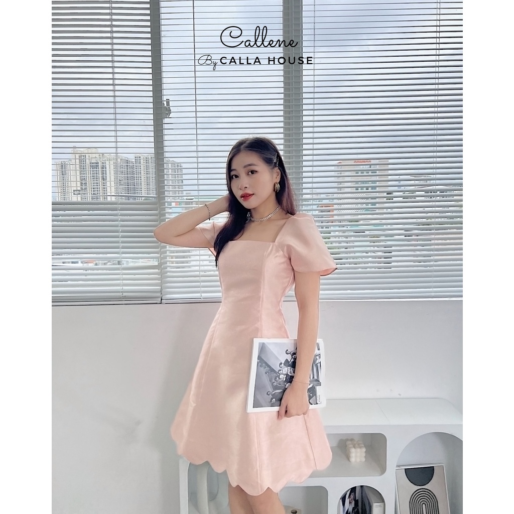 Đầm dự tiệc tay phồng răng cưa chất tafta ánh kim trắng kem Callene (CC290)