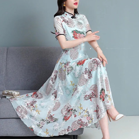 Đầm Lụa Lạnh Hạng Nặng Che Bụng Hoa Dâu Tằm Mới 2022 Cho Phụ Nữ Trung Niên Và Người Lớn Tuổi