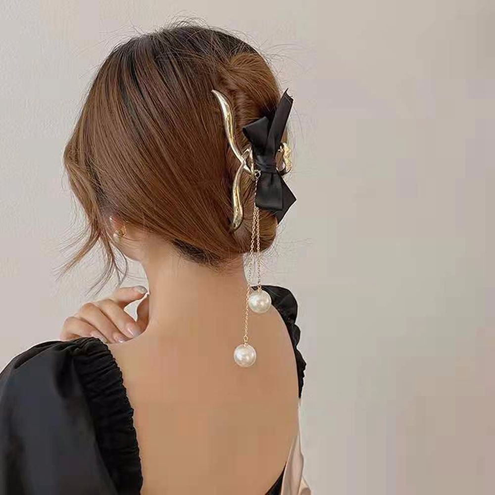 Kẹp tóc trang trí nơ tua rua bằng kim loại đính ngọc trai giả phong cách Hàn Quốc cổ điển thời trang cho nữ