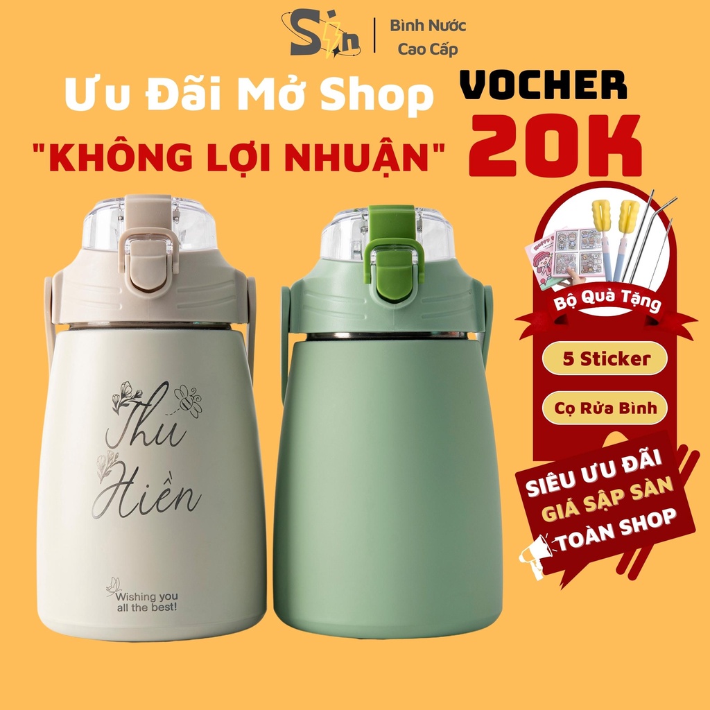 Bình giữ nhiệt in tên theo yêu cầu Sins Shop 1000ml inox 304 Bình Nước khắc tên có dây đeo tặng sticker, cọ rửa