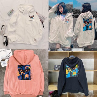 [Video+Ảnh Thật] Áo Khoác Nỉ Nữ Form Rộng Dây Kéo Unisex Form Rộng In Hình Con Bướm Nam Nữ Ulzzang Style AK29 Kho Sỉ TD