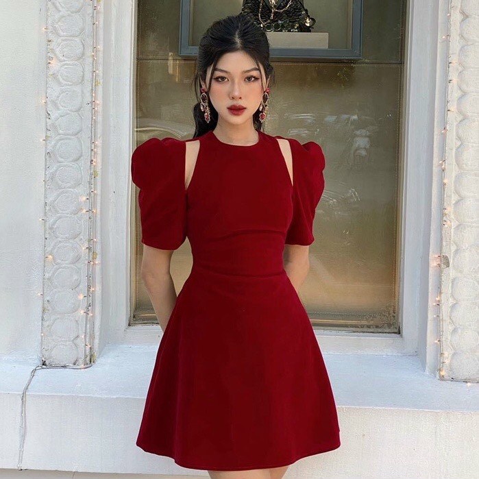 Đầm dự tiệc sang chảnh, đầm chất umi tay bồng khoét vai 2 màu, váy xòe hở vai
