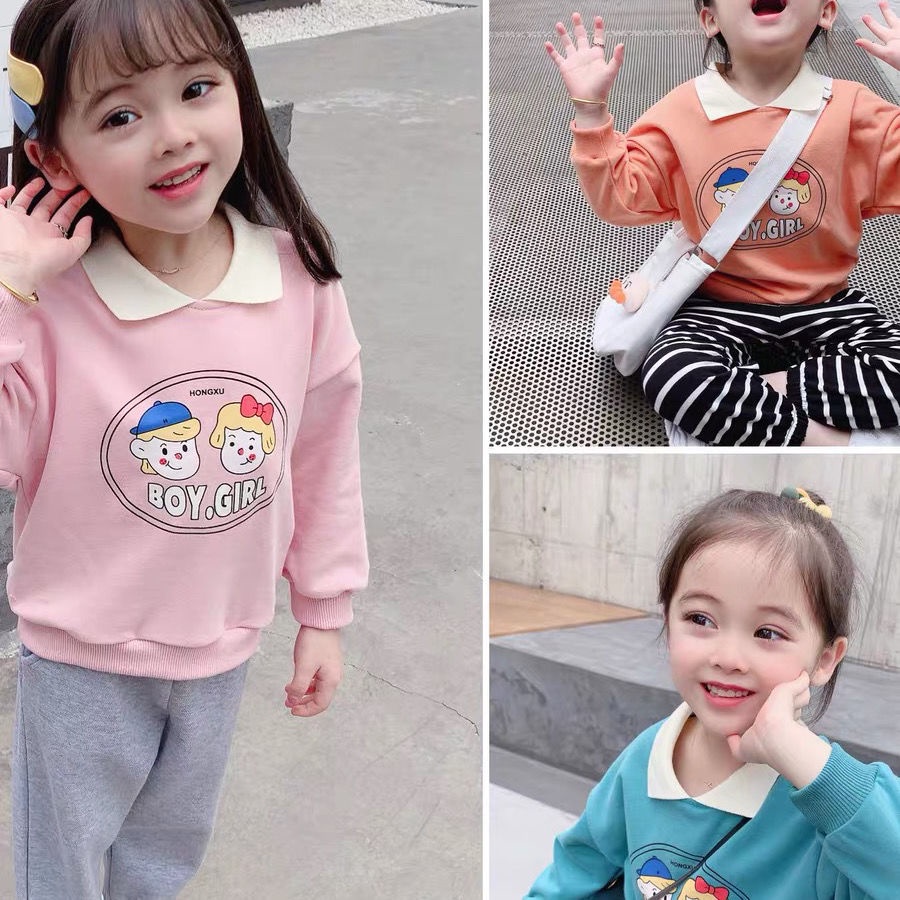 Áo sweater dài tay cổ bẻ in hình  Boy Girl  cho bé gái mặc siêu dễ thương từ 25kg đến 45kg thời trang trẻ em Dream House