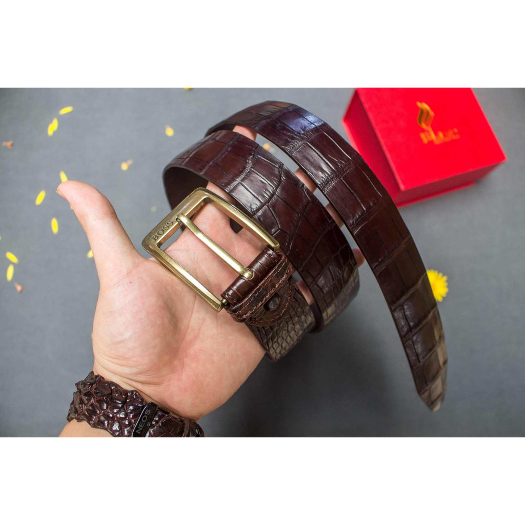 Thắt lưng da bò xịn vân cá sấu - Dây nịt khóa kim hàng hiệu ( nâu 03)