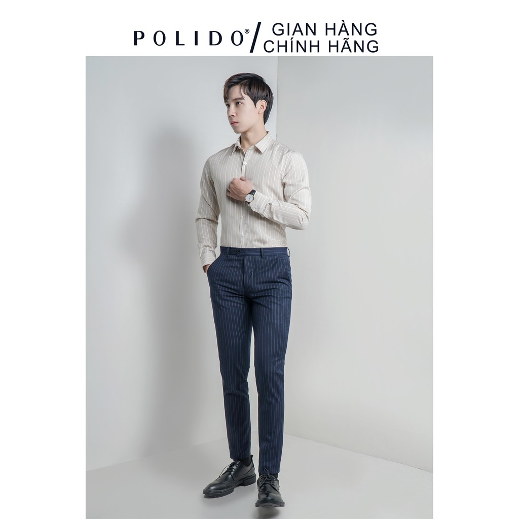 Áo Sơmi Nam CEFFYLO Họa Tiết Kẻ Sọc 1 Màu ghi vải Cotton họa tiết sọc lịch lãm Co giãn nhẹ