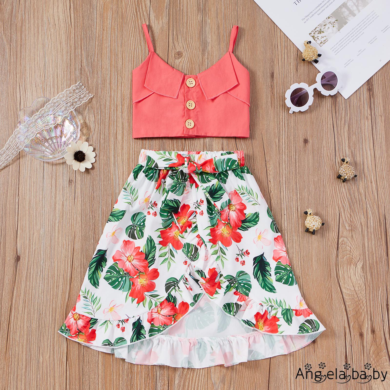 HIAN-Girl’s Summer Two Piece Set Fashion Solid Color Button Camisole and Flower Bandage Mid-length Skirt