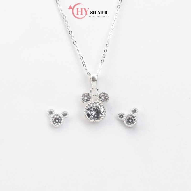 Set dây chuyền bông tai bạc ta bông tai gấu mickey đính đá nhỏ xinh đơn giản trẻ trung vòng cổ nữ bạc thật giá rẻ
