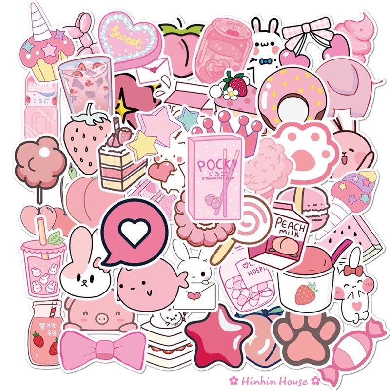 Set 50 Sticker Chống Thấm Nước Chủ Đề Màu Hồng Theo Phong Cách Kawaii Size Bự