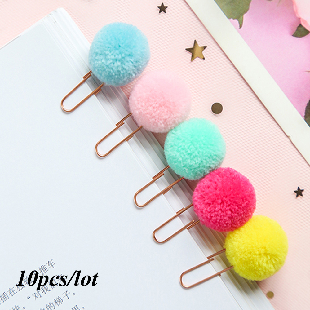 JUNE 10pcs/set Color Random New Bookmark Plush Ball Sealing Clamp Paper Clips Pin Rose|Stationery Metal Hairball