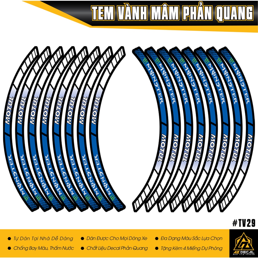 Tem Dán Vành Xe Mẫu Monster Motul | TV29 | Tem Dán Mâm Xe Máy Phản Quang & Không Phản Quang Chất Liệu Chống Nước