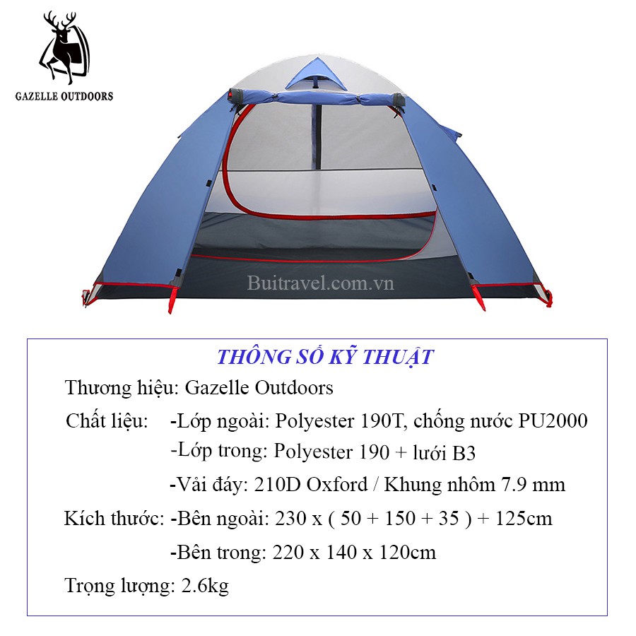 Lều phượt chống mưa 2 người gọn nhẹ GL1112- Lều dã ngoại tự dựng Gazelle Outdoors Bụi Travel