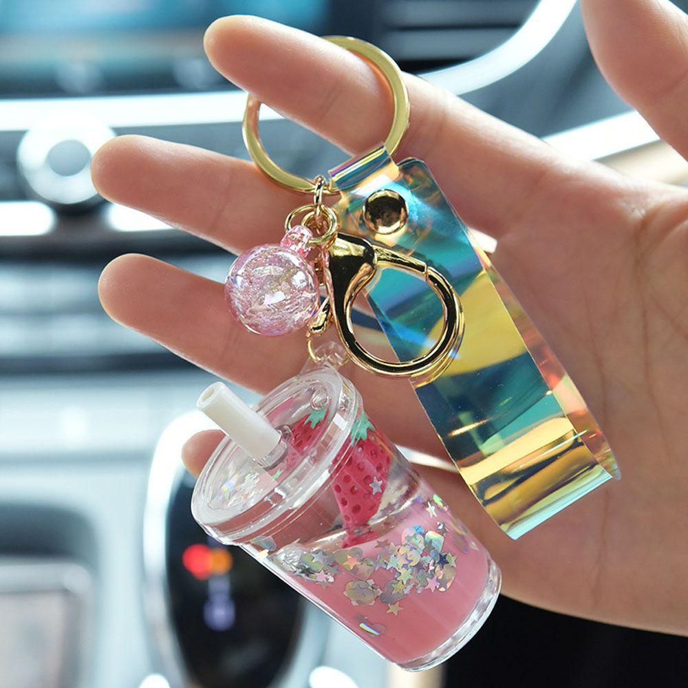 Rebuy1 Móc Khóa Chuyển Động Dạng Lỏng Dâu Tây Cốc Trà Sữa Thời Trang