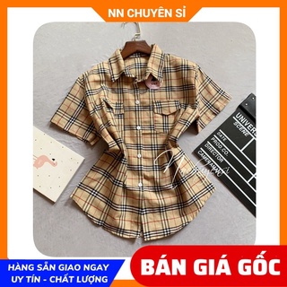 Áo sơ mi tay ngắn nữ chất vải mềm mịn phối kẻ sọc BBR dễ thương