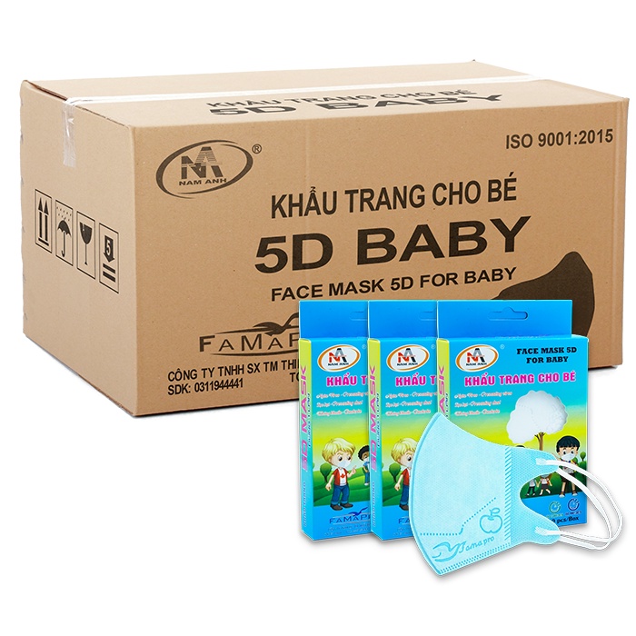 [5D BABY QUAI THUN- THÙNG 100 HỘP- HỘP 10 CÁI] Khẩu trang y tế trẻ em kháng khuẩn 3 lớp Famapro 5D BABY TRƠN
