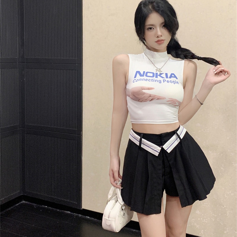 Áo Croptop Sát Nách Cổ Cao In Họa Tiết Vui Nhộn