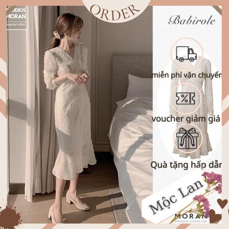 (MộcLan ORDER)Váy ren lông cổ V thon eo suông dài đuôi cá điệu đà tiểu thư sang trọng kiểu Pháp