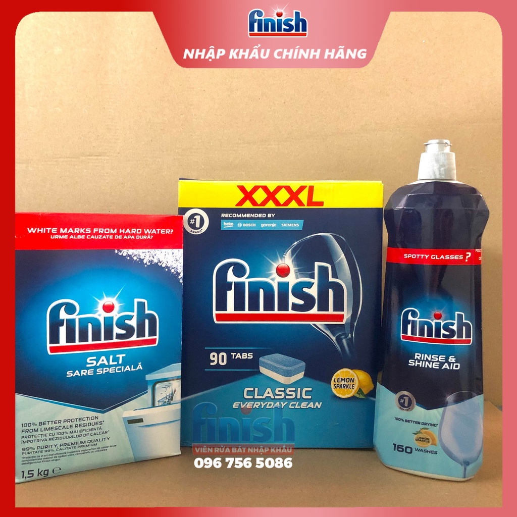 Combo viên rửa bát Finish Classic + muối 1.5 kg + nước bóng 800ml chanh - nhập khẩu EU, an toàn, sạch sâu