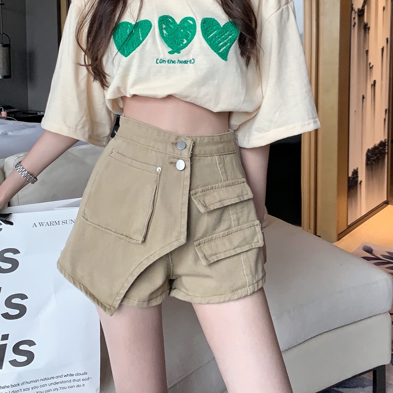 Quần Short denim Chữ A Ống Rộng Phong Cách retro Dành Cho Nữ